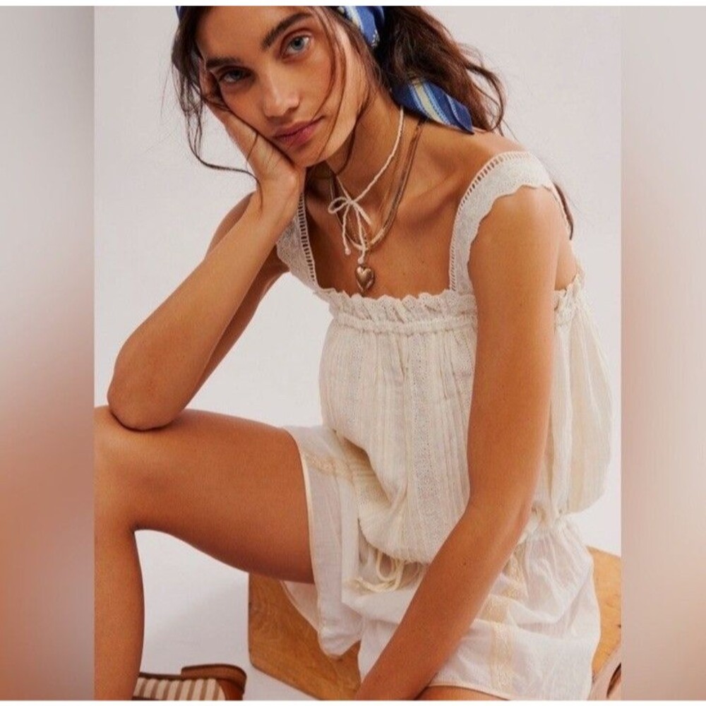 Free People XL Because Of You Tank Top Ivory White Lace Cami Pintuck Ruffle Boho